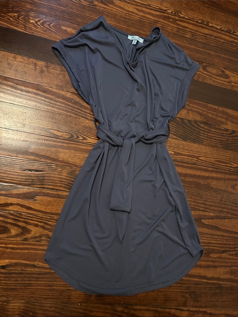 She + Sky Slate Blue Short Sleeve Tie-Waist Mini Dress